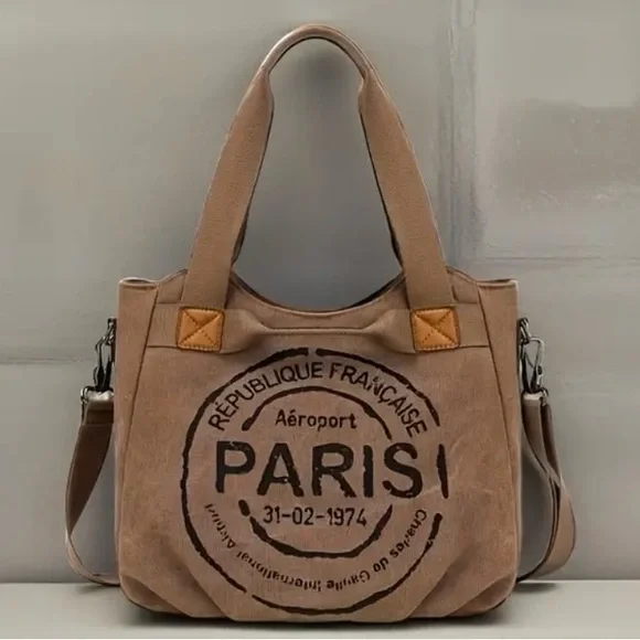 NWT Tan Canvas 2 Way Shoulder Bag with Paris Print 14x9 - Picture 5 of 11